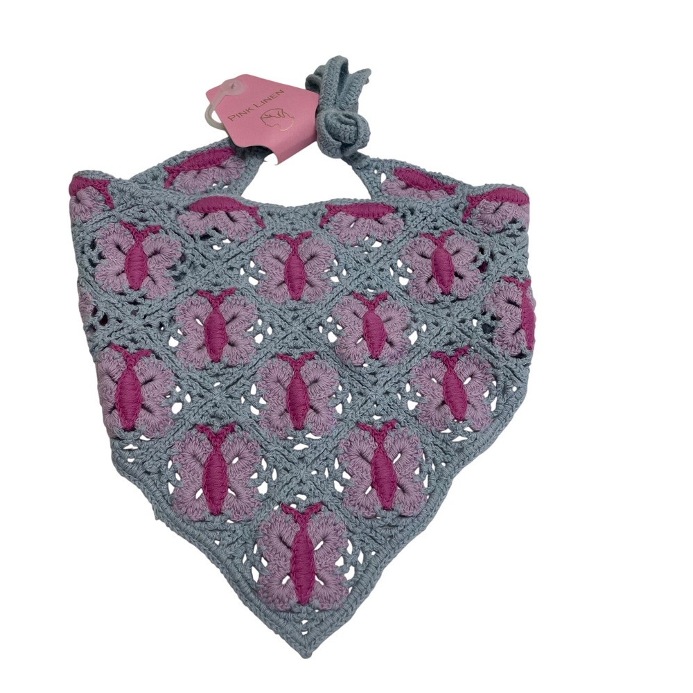 Pink Linen Crochet Butterfly Triangle Head Scarf Bandana Blue Pink Boho NEW